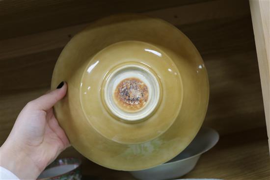 Two Chinese tea bowls , Cantonese cup and saucer, plate and two dishes